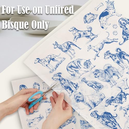 SUPERDANT 5 Sheets Blue Dog Underglaze Transfer Paper Pottery Waterslide Decals Ceramic Underglaze Sheets for Cups Vases Plates Trimmable Pet Decals - style: Different Types Dogs