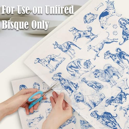 SUPERDANT 5 Sheets Blue Dog Underglaze Transfer Paper Pottery Waterslide Decals Ceramic Underglaze Sheets for Cups Vases Plates Trimmable Pet Decals - style: Different Types Dogs