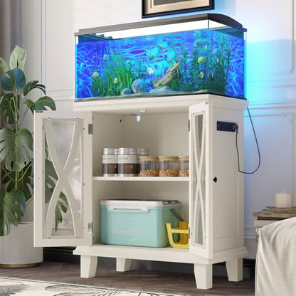20 Gallon Aquarium Stand with Power Outlets & USB Ports, Fish Tank Cabinet with Double Doors & Adjustable Shelves, Farmhouse Style Aquarium Furniture for 20 Gallon Fish Tank,Beige