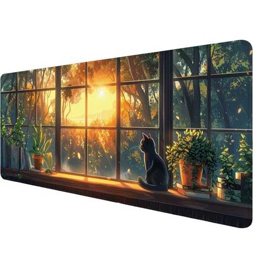 Cute Black Cat Desk Pad Mouse Pad Green Plants Aesthetic Kawaii Anime Mousepad XL Large Gaming Mouse Pad Laptop Keyboard Mat Desk Pad Office Home Decor for Women Girl 31.5"x11.8" - color: Cute Black Cat_018, size: 11.8" x 31.5"