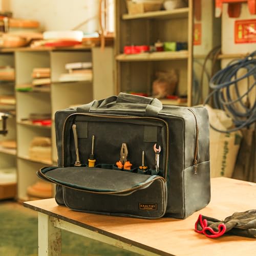Tool Tote | Heavy Duty 16oz Waxed Canvas Tool Storage Bag - Portable 3 Pockets Tote Bag with Padded Handle& Metal Zipper, for Craftsman Gardener Carpenter Mechanic | 15.5"L x 7.5"W x 11.5"H - color: ArmyGreen