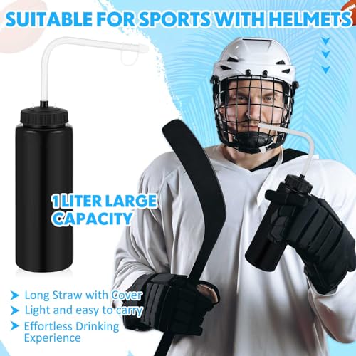 Domensi 4 Pack 32 oz Hockey Sports Water Bottle with Long Straw Easy Squeeze Plastic Bottle Helmet Friendly for Sport Hockey Football Lacrosse(Black,Classic) - color: Black