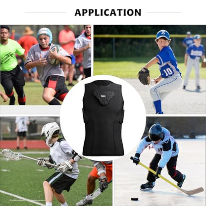 Youth Padded Compression Shirt Vest Rib Chest Protector Football Baseball - color: Padded Vest Black, size: Small