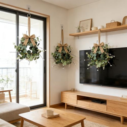 4 Pcs Small Eucalyptus Hanging Wreaths for Cabinets Artificial Greenery Mini Candle Ring Wreath with White Bud Stems and Linen Ribbon for Home Kitchen Front Door Window Wall Wedding Farmhouse Decor