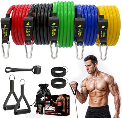 Resistance Bands with Handles Set of 5 (10–50 lbs), Home Gym Workout Kit | Includes door anchor Includes ankle straps 10-50 lbs resistance Carry bag included