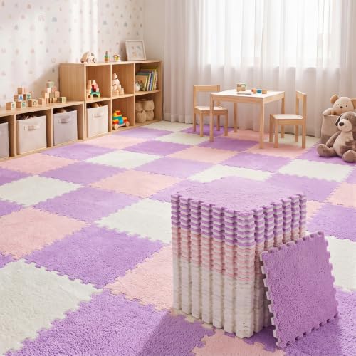 Amylove 36 Pcs Foam Interlocking Carpet Tiles,White, Light Pink, Mauve - color: White, Light Pink, Mauve