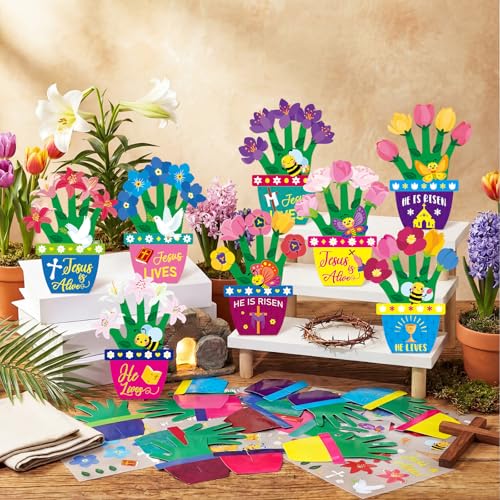 Frienda 48 Sets Easter Religious Crafts Easter He is Risen Christian Crafts DIY Hand-Print He is Risen Arts Kit for Activities Party - style: Handprint