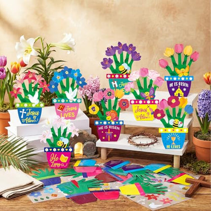 Frienda 48 Sets Easter Religious Crafts Easter He is Risen Christian Crafts DIY Hand-Print He is Risen Arts Kit for Activities Party - style: Handprint