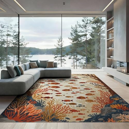 8'x10' Washable Graphic Fish Large Rug, Teal Non-Shedding Pet Friendly Carpet for King Size Bedroom, Master Suite, Under Bed, Foldable Easy Care Mat | Ref:1994267