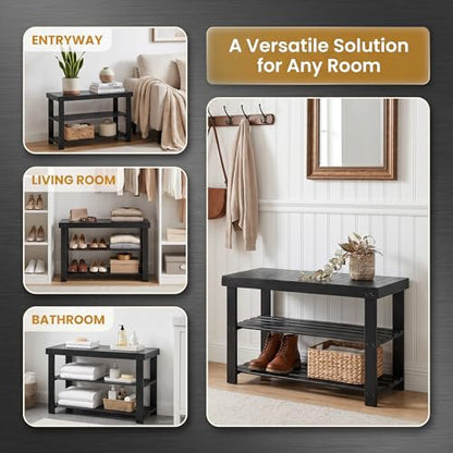 Bamboo Shoe Bench, 3-Tier Shoe Organizer Holds Up to 286 lb, Entryway Bench with Shoe Storage Suitable for Closet & Living Room, 11.22 x 27.56 x 17.91, Sleek Black - color: Sleek Black