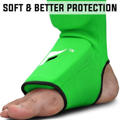 Mytra Fusion Shin Pads Instep Protector Kick Boxing Muay Thai Training Elasticated shin Guards - color: Green, size: Small-Medium