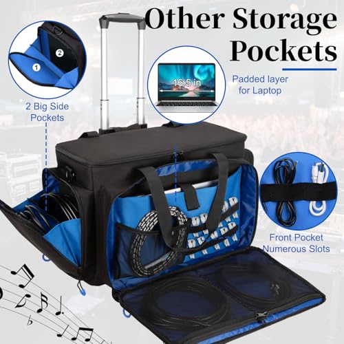 Large Rolling Dj Cable Bag with Detachable Dividers, Bottom Pad - color: Blue, style: Rolling Dj Cable Bag