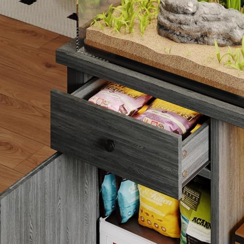 4ever2buy 55-75 Gallon Fish Tank Stand with Power Outlets, LED Light, Heavy Duty Aquarium Stand with Cabinet for Fish Tank Accessories Storage, for Turtle Tank, Reptile Terrarium, 1100LBS, Gray