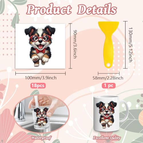 Peacoblue 18 Sheets Rub on Transfers for Crafts, Cute Dog 3.6"x3.9" UV DTF Cup Wraps Waterproof Rub on Cold Transfers Stickers for Wood Glass Metal Cup Tumblers Mirrors Mugs Home Decor - style: Cute Dog