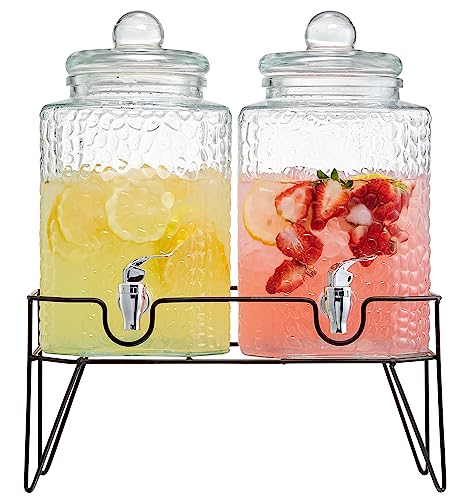 Style Setter Premium Glass Drink Dispensers with Metal Stand for Parties – Beverage Dispenser Set for Cold Drinks, Lemonade, Cocktails, Juice – Party Glass Drink Dispenser Station - 1.5 Gal, Set of 2 - color: Double w/ Stand, size: 1.5 Gallon