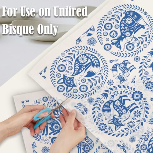 SUPERDANT 5 Sheet Underglaze Transfer Paper Fox Disk Floral Ceramic Decal for Craft Pottery Studio Use Blue 20.5x14.6 Inch - style: Fox Disk Pattern