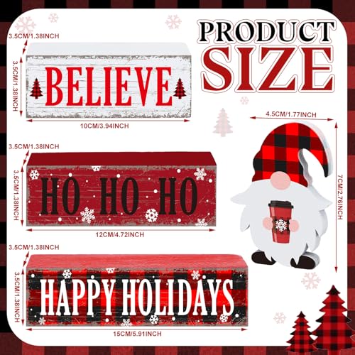 4 Pcs Christmas Wooden Table Decorations Xmas Red and White Buffalo Plaid Signs Rustic Happy Holiday Tiered Tray Decor Xmas Gnome Tabletop Centerpieces for Home Desk Room Kitchen Shelf - style: Gnomes