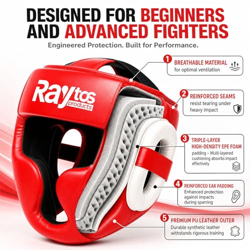 Boxing Headgear for MMA,Sparring,Muay Thai|Head Guards for Men Women - color: Red