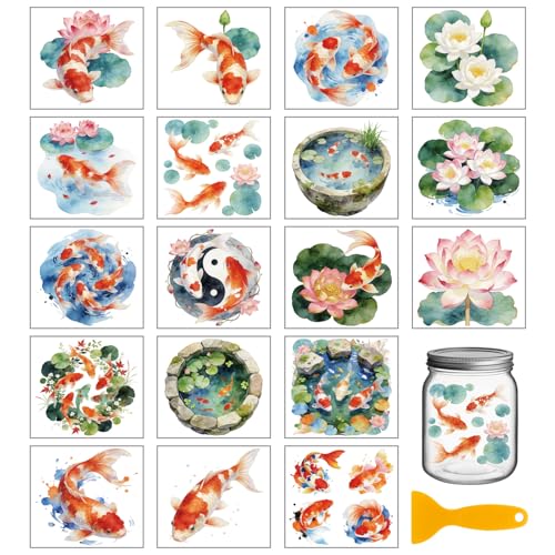 GLOBLELAND 18 Sheets Pond Carp Fish Rub on Transfer Sticker for Crafts 3.9x3.6 inch Lotus Leaf Colorful Decals Transfer Stickers for Crafts Bottle Glass Cup Vase Decor