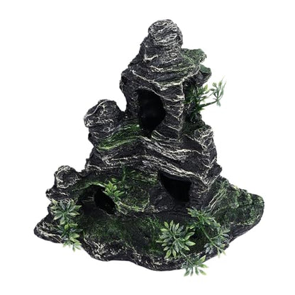 Aquarium Rockery Decoration, Fish Tank Resin Rockery with Hiding Cave, Realistic Mountain View Landscaping Stone for Freshwater and Saltwater Tanks, Safe Non -