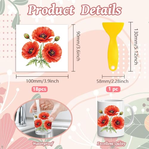 Peacoblue 18 Sheets Rub on Transfers for Crafts, Poppy 3.6"x3.9" UV DTF Cup Wraps Waterproof Rub on Cold Transfers Stickers for Wood Glass Metal Cup Tumblers Mirrors Mugs Home Decor - style: Poppy