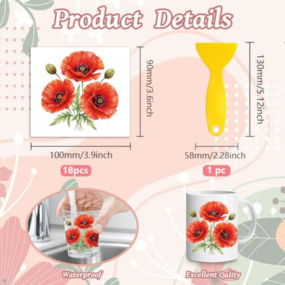 Peacoblue 18 Sheets Rub on Transfers for Crafts, Poppy 3.6"x3.9" UV DTF Cup Wraps Waterproof Rub on Cold Transfers Stickers for Wood Glass Metal Cup Tumblers Mirrors Mugs Home Decor - style: Poppy