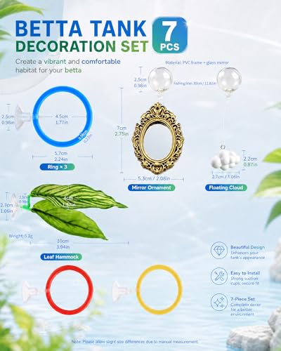 7 Pcs Betta Fish Enrichment Toys, 1 Mirror with Floating Ball, 1 Clouds Decoration, 4 Exercise Training Rings, 1 Resting Leaf, Tank Accessories Set