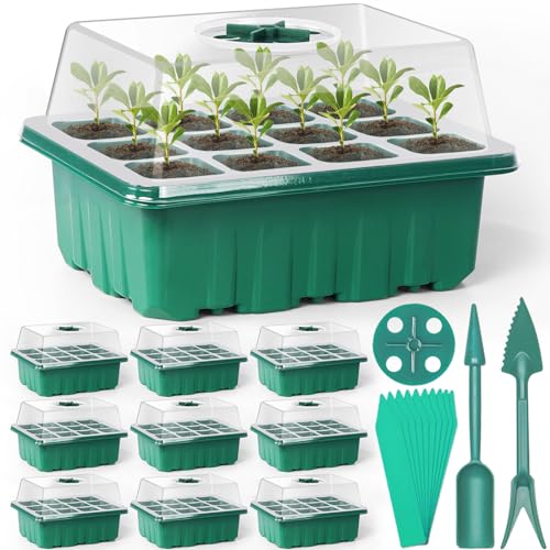10 Pack Seed Starter Tray Kit, 120 Cells Seedling Starter Trays with Humidity Dome and Base Greenhouse Growing Trays, Reusable Seed Germination Seedling Tray with Garden Tools Labels (Green) - color: Green, size: 10 pack