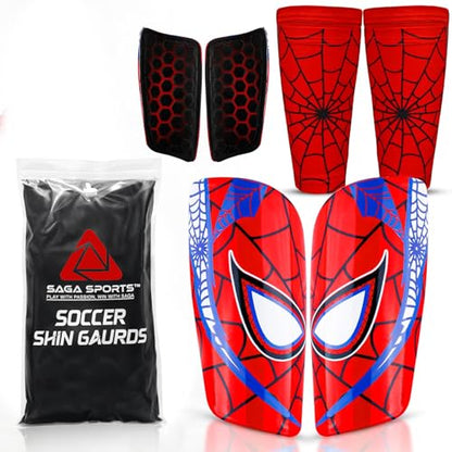 Kids Soccer Shin Guards with Shin Gaurd Sleeves 3-10+ Yrs - color: Spider, size: Small [6 - 8 Yrs]