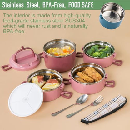 4 Tier Stackable Stainless Steel Lunch Box Sealed(pink, 4 layers) with spoon and fork - color: Pink, size: 4 layers