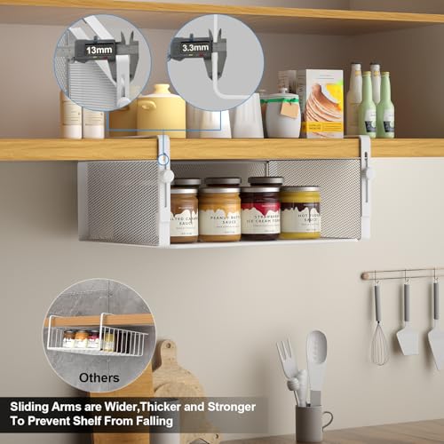 2Pack Under Shelf Basket Organizer,Adjustable Hanging Holder for Cabinet Pantry Kitchen Cupboard Desk Counter Bookshelf Organization Add-on Space Saver Heavy Duty Slide-in (White, Large)
