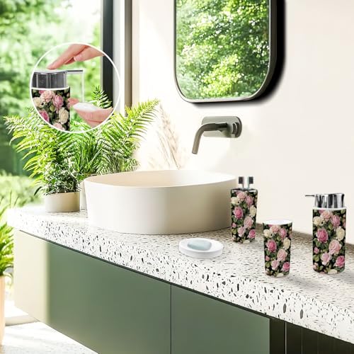 Bathroom Accessory Set 6 Piece Peony Roses Black White Stripes Flowered Trash can, Toothbrush Holder, Toothbrush Cup, Soap Dispenser, Soap Dish, Toilet Brush Holder - color: Color2