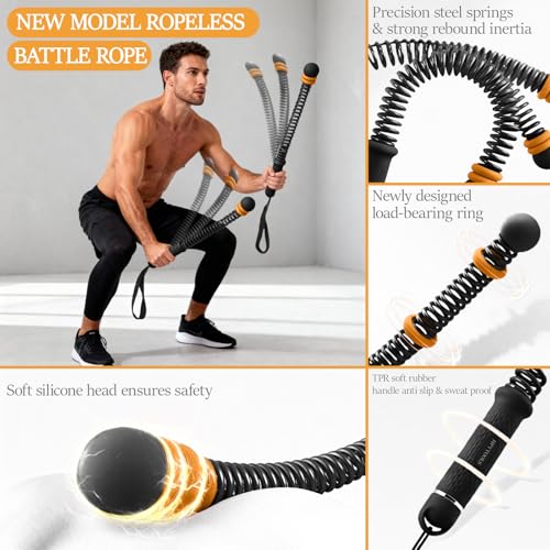 Ropeless Battle Ropes for Home Gym, Cordless Battle Rope for HIIT & Cardio (Black with Ring) - style: Black with ring