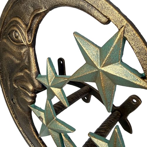 Zeckos Hose Hanger Cast Iron Celestial Moon Face and Stars Wall Mounted Garden Hose Holder, 11.5 X 11.5 Inches, Antiqued Bronze Finish, Hardware Included, 75 Foot Capacity - color: Moon & Stars - Verdigris Stars
