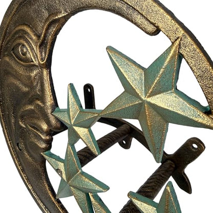Zeckos Hose Hanger Cast Iron Celestial Moon Face and Stars Wall Mounted Garden Hose Holder, 11.5 X 11.5 Inches, Antiqued Bronze Finish, Hardware Included, 75 Foot Capacity - color: Moon & Stars - Verdigris Stars