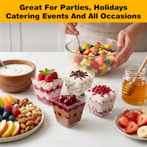 100 Pack 8 Oz Square Clear Plastic Dessert Cups & Charcuterie Cups - Disposable Mini Tasting Cup for Appetizers, Puddings, Mousse, Ice Cream, Party, Wedding Catering Supplies