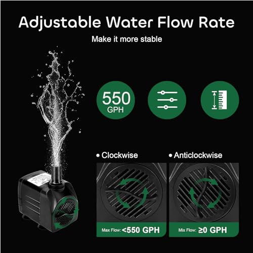 GROWNEER 550GPH Submersible Pump 30W Ultra Quiet Fountain Water Pump, 2000L/H, with 7.2ft High Lift, 3 Nozzles, 4.9 Feet Tubing for Aquarium, Fish Tank, Pond, Hydroponics, Statuary