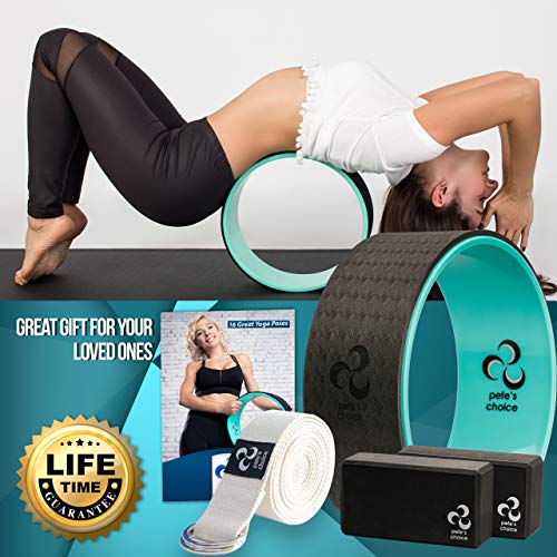 Yoga Wheel Kit for Beginners - Wheel, 2 Blocks, Strap & Guide | Back Roller to Relieve Back Pain & Tension, Deepen Stretches & Boost Flexibility - Complete Home Set for Women & Men