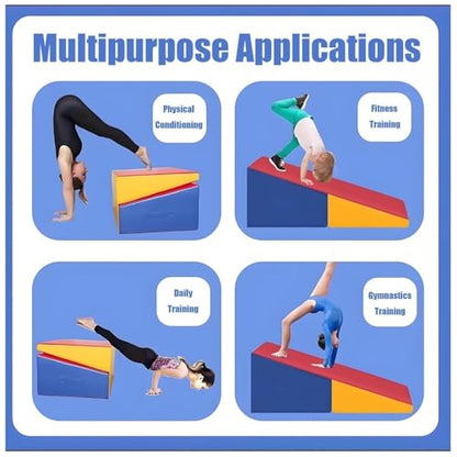 LICOME Folding Incline Gym Mat Tumbling Cheese Wedge Design for Gymnastics, Martial Arts, Dance, Yoga And Stretch Training，After It Can Be Used As A Jumping Box - color: Red Blue Yellow, size: 83x60x35cm
