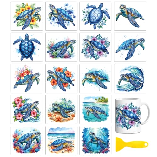 Peacoblue 18 Sheets Rub on Transfers for Crafts, Blue Sea Turtle with Coral Flowers 3.6"x3.9" UV DTF Cup Wraps Waterproof Cold Transfers Stickers for Glass Metal Cup Tumblers Mirrors Mugs Home Decor - style: Blue Sea Turtle with Coral Flowers