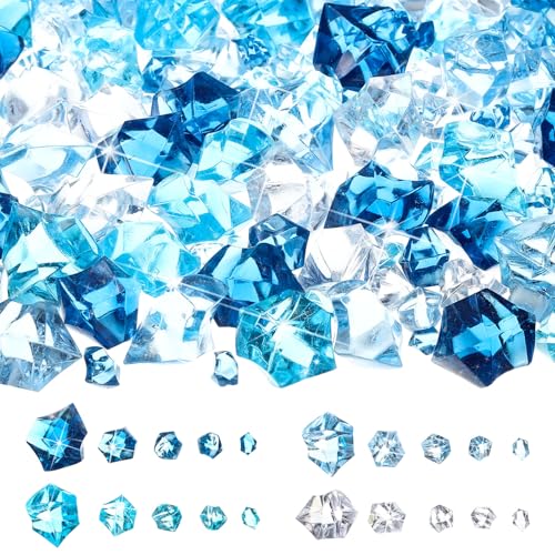 Syhood 570 Pcs 5 Sizes Mixed Blue Fake Crushed Ice Rocks Blue Aquarium Rocks Plastic Gemstone Diamond Acrylic Crystal Gems for DIY Craft Wedding Table Scatter Vase Fillers Fish Tank Decor Centerpieces