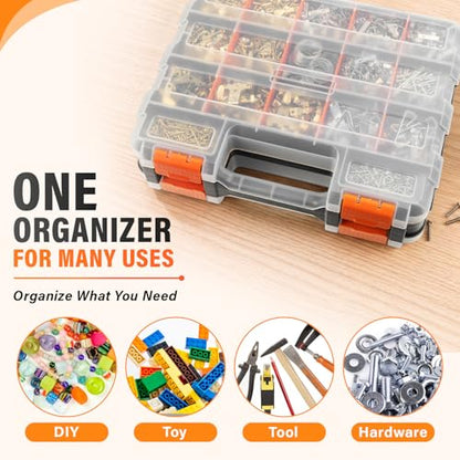 DIYSELF Tool Box Double-Sided, 34-Compartment Tool Organizer, Small Parts Organizer with Adjustable Space, Clear-Lid Small Storage Box for Hardware, Crafts, Beads, Jewelry and Fishing Accessories