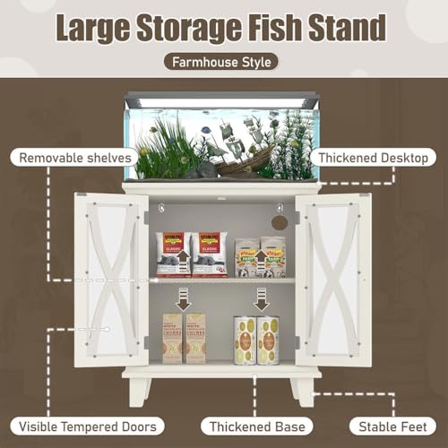 20 Gallon Aquarium Stand with Power Outlets & USB Ports, Fish Tank Cabinet with Double Doors & Adjustable Shelves, Farmhouse Style Aquarium Furniture for 20 Gallon Fish Tank,Beige