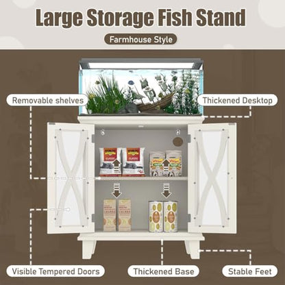 20 Gallon Aquarium Stand with Power Outlets & USB Ports, Fish Tank Cabinet with Double Doors & Adjustable Shelves, Farmhouse Style Aquarium Furniture for 20 Gallon Fish Tank,Beige