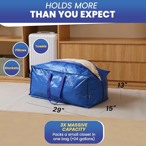 Extra Large Moving Bags - 8-Pack Heavy Duty Storage Duffel - Sturdy Backpack Straps Handles, Zippers - Reusable Moving Storage Bags for Clothes - Folding Collapsible Storage Tote Bag Set – Blue