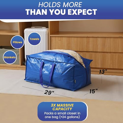 Extra Large Moving Bags - 8-Pack Heavy Duty Storage Duffel - Sturdy Backpack Straps Handles, Zippers - Reusable Moving Storage Bags for Clothes - Folding Collapsible Storage Tote Bag Set – Blue