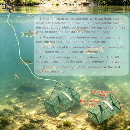 2 Pack Fishing net Trap Foldable Crawfish Bait Trap nets Shrimp Bait Trap Nets Minnow Trap Crab Trap Equipped with 19.7ft Nylon Rope Winding Board Floating Ring and Ground Plug