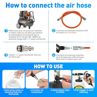 MYPIN Car Cleaning Gun Kit, 6-9.2Bar, High Pressure Air Blow Gun with 2 Set Nozzle, Interior Car Cleaning for Vehicle Upholstery Carpet Seat - color: Black, with Bottle