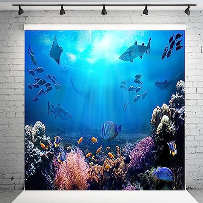8x8ft Underwater World Backdrop for Photography Aquarium Seabed Rocks Lights Coral and Fishes Tropical Ocean Scene Under The Sea Background Kids Party Decoration Banner Photobooth Props - size: 8x8ft
