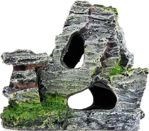 Resin Aquarium Mountain Decor with Moss Rock Cave - Multi-Level Terrain for Fish Tank Landscaping,Rock Hidden Cave and Crevices for Shrimp, Reptile Habitat